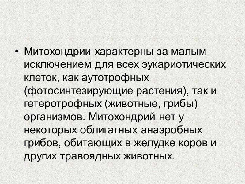 Митохондрии характерны за малым исключением для всех эукариотических клеток, как аутотрофных (фотосинтезирующие растения), так